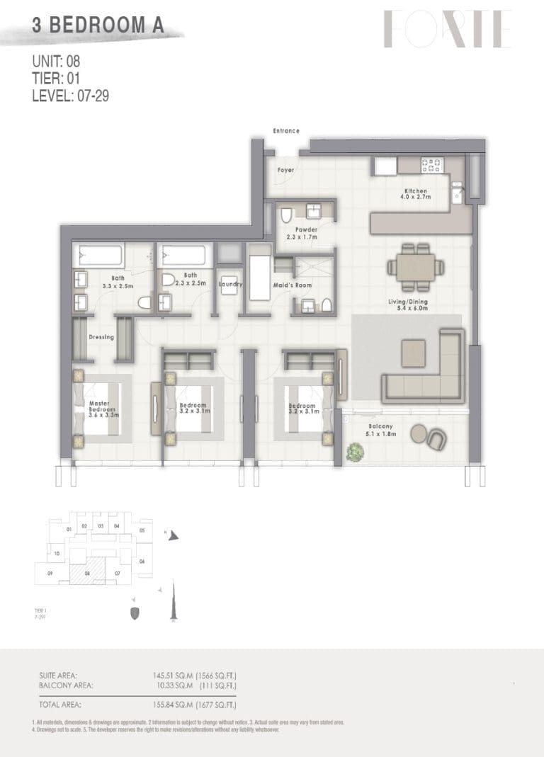 Forte Tower 2 – 3 Bedroom Apartment Type A Unit 08-1 Floor Plans