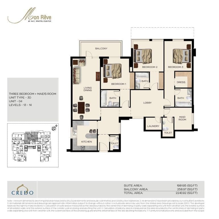 Mon Reve 3 Bedroom plus Maid Apartment Type 3D Floor Plans