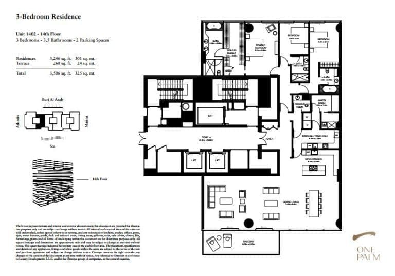 One at Palm Jumeirah 3 Bedroom Residence Unit 1402 Floor Plans