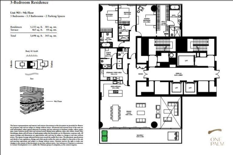 One at Palm Jumeirah 3 Bedroom Residence Unit 903 Floor Plans