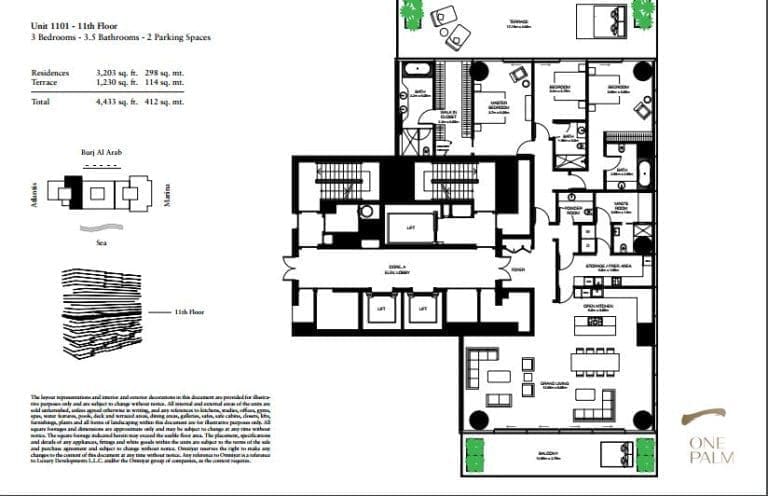 One at Palm Jumeirah 3 Bedroom Residence Unit 1101 Floor Plans