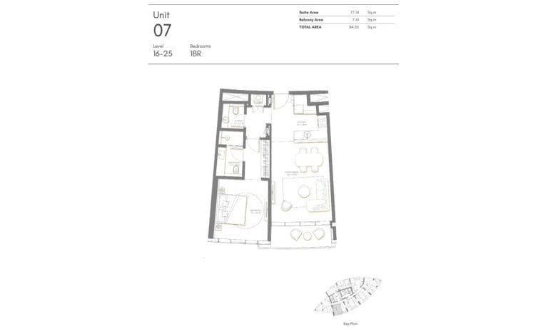 Palm Beach Tower 1 Bedroom Apartment Level 16-25 Unit 07 Floor Plans