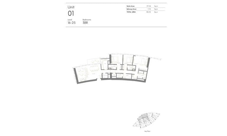 Palm Beach Tower 3 Bedroom Apartment Level 16-25 Unit 01 Floor Plans