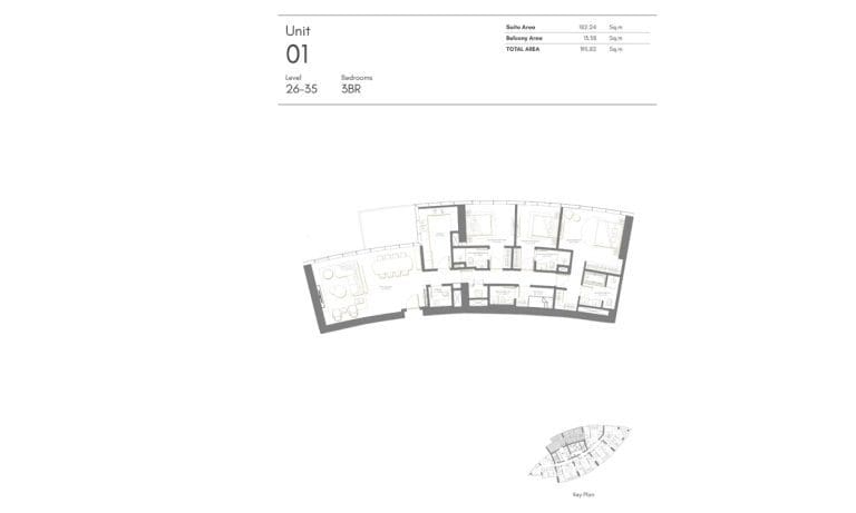Palm Beach Tower 3 Bedroom Apartment Level 26-35 Unit 01 Floor Plans