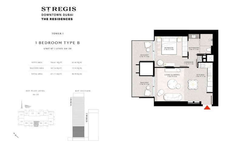 St. Regis Tower 1 – 1 Bedroom Apartment Type B Floor Plans