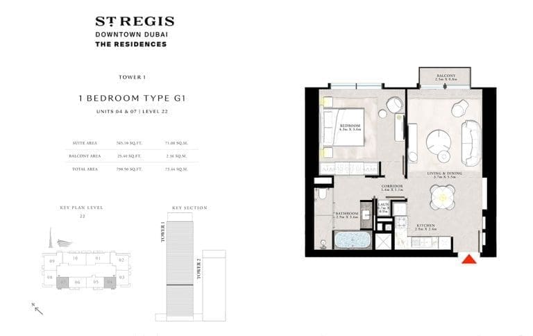 St. Regis Tower 1 – 1 Bedroom Apartment Type G1 Floor Plans