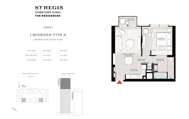 St. Regis Tower 1 – 1 Bedroom Apartment Type H Floor Plans