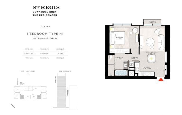 St. Regis Tower 1 – 1 Bedroom Apartment Type H1 Floor Plans