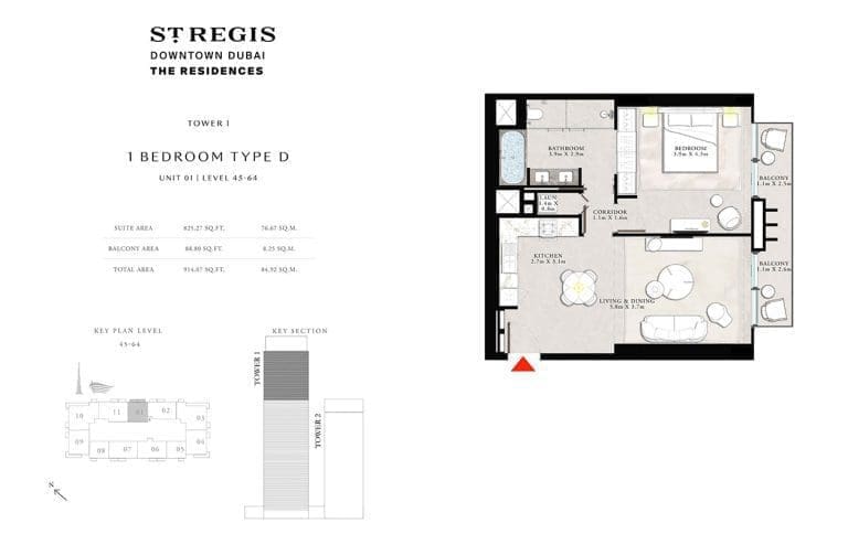 St. Regis Tower 1 – 1 Bedroom Apartment Type D Floor Plans