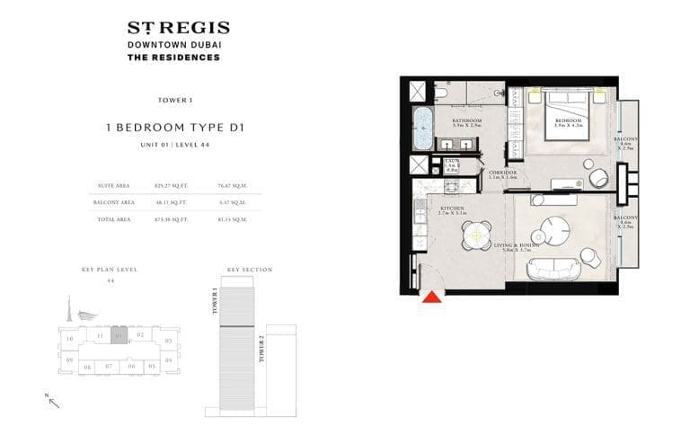 St. Regis Tower 1 – 1 Bedroom Apartment Type D1 Floor Plans