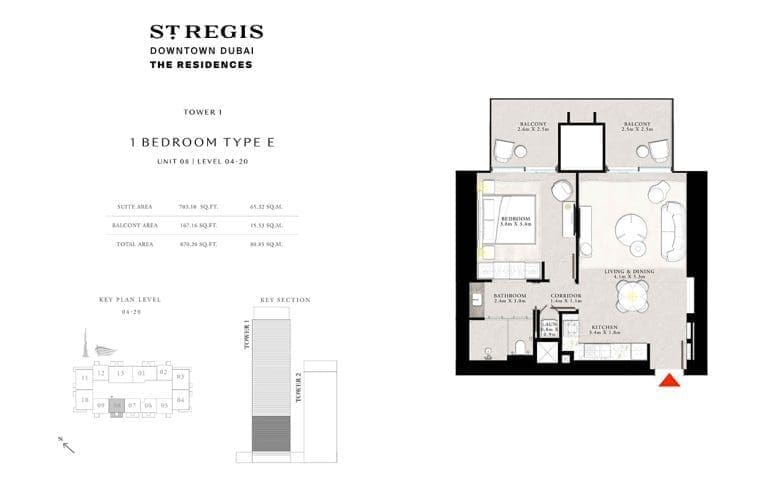 St. Regis Tower 1 – 1 Bedroom Apartment Type E Floor Plans