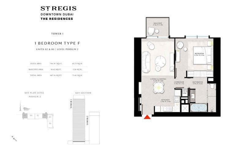 St. Regis Tower 1 – 1 Bedroom Apartment Type F Floor Plans