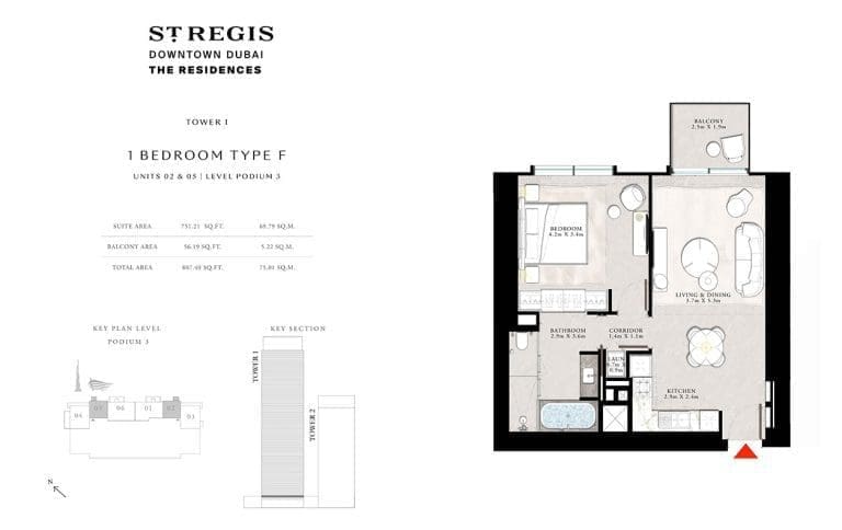 St. Regis Tower 1 – 1 Bedroom Apartment Type F-1 Floor Plans