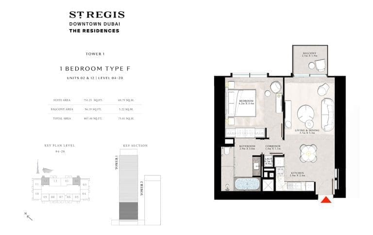 St. Regis Tower 1 – 1 Bedroom Apartment Type F-2 Floor Plans