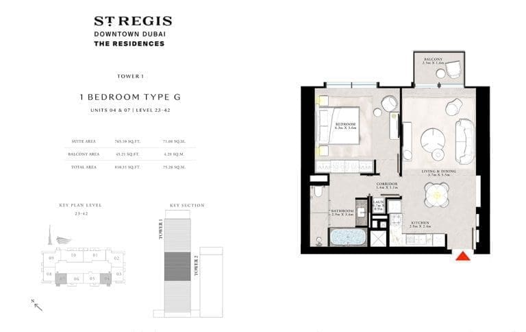 St. Regis Tower 1 – 1 Bedroom Apartment Type G Floor Plans