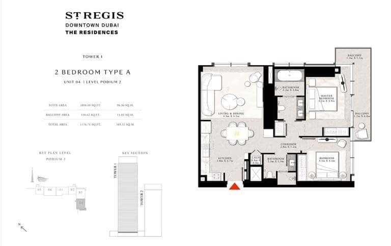 St. Regis Tower 1 – 2 Bedroom Apartment Type A1 Floor Plans