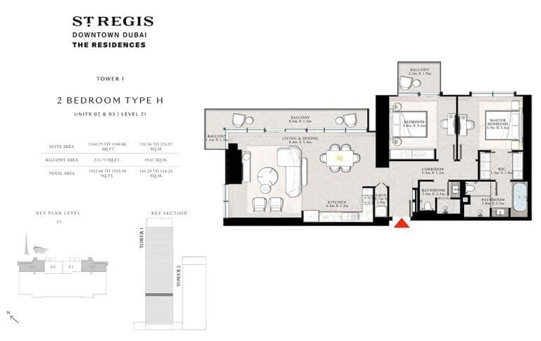 St. Regis Tower 1 – 2 Bedroom Apartment Type H Floor Plans