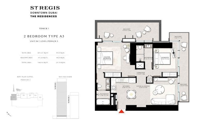St. Regis Tower 1 – 2 Bedroom Apartment Type A3-2 Floor Plans
