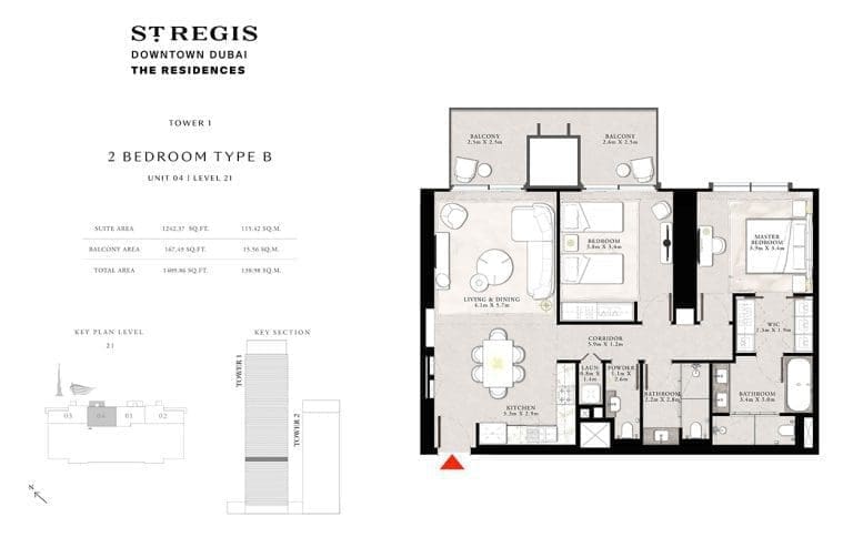 St. Regis Tower 1 – 2 Bedroom Apartment Type B Floor Plans