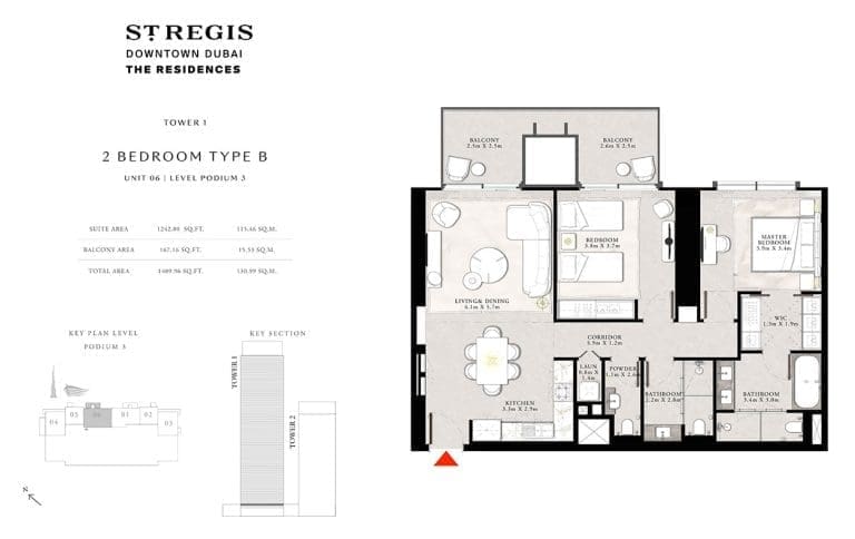 St. Regis Tower 1 – 2 Bedroom Apartment Type B1 Floor Plans