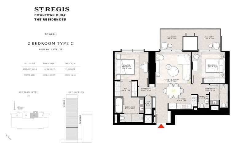 St. Regis Tower 1 – 2 Bedroom Apartment Type C-1 Floor Plans