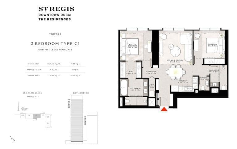 St. Regis Tower 1 – 2 Bedroom Apartment Type C1 Floor Plans
