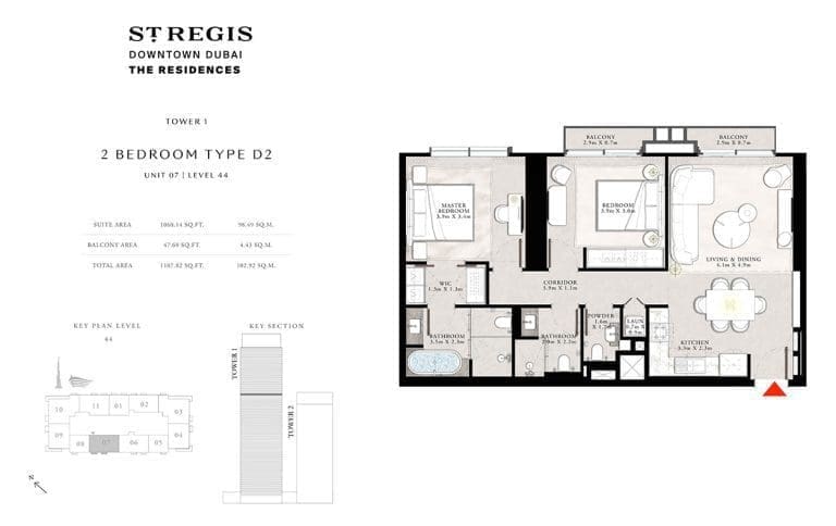 St. Regis Tower 1 – 2 Bedroom Apartment Type D2 Floor Plans