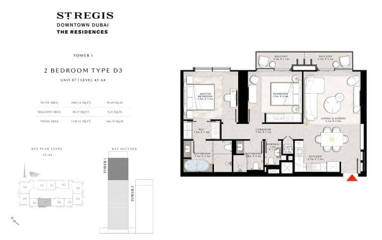 St. Regis Tower 1 – 2 Bedroom Apartment Type D3 Floor Plans