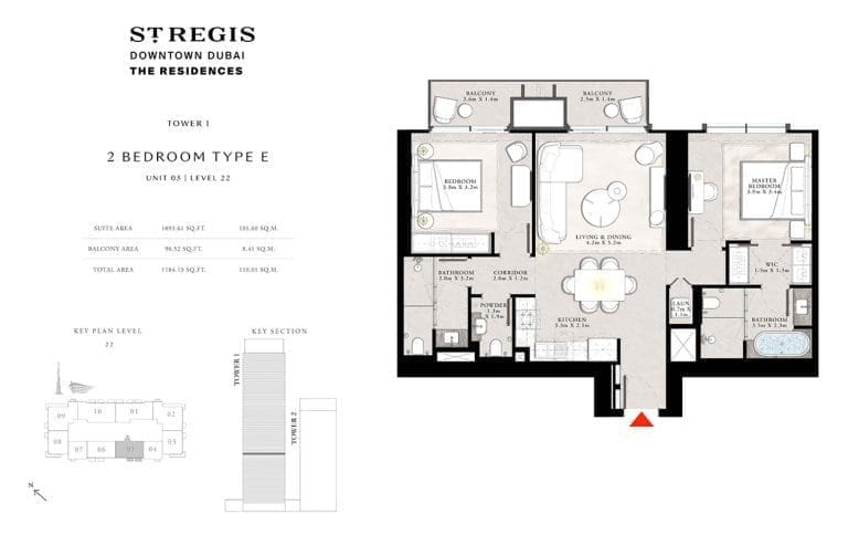 St. Regis Tower 1 – 2 Bedroom Apartment Type E Floor Plans