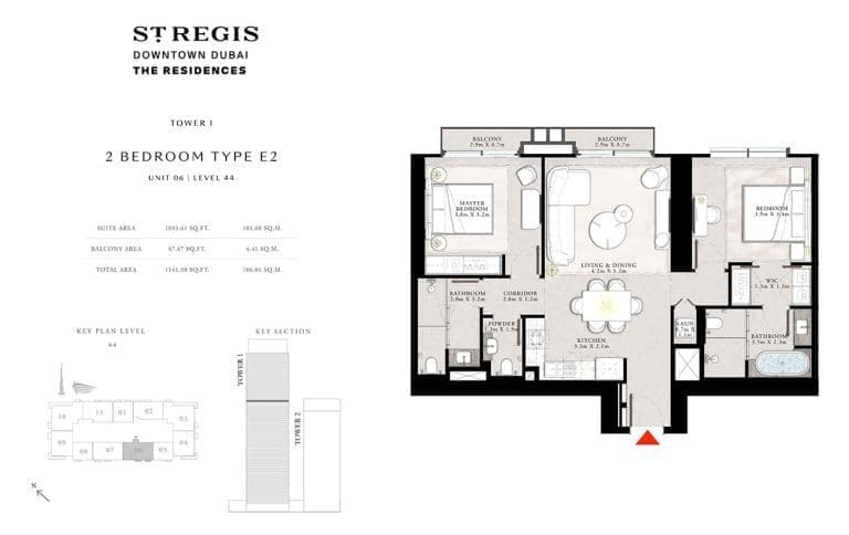 St. Regis Tower 1 – 2 Bedroom Apartment Type E2 Floor Plans