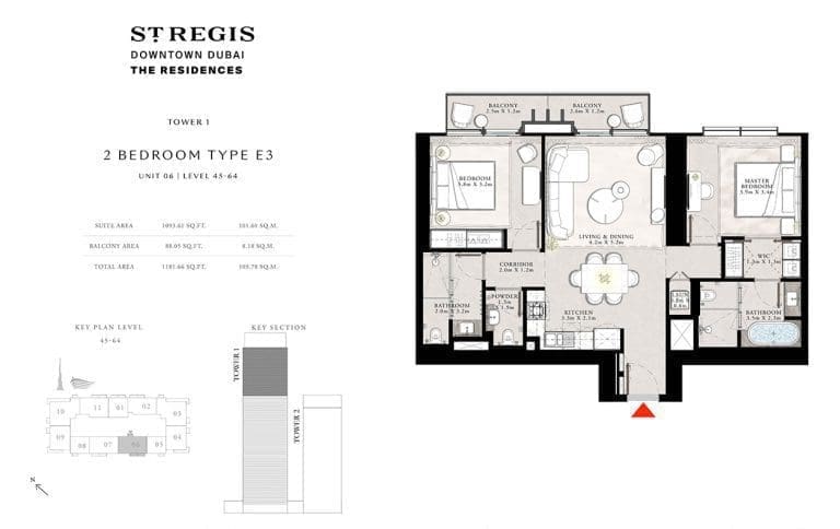 St. Regis Tower 1 – 2 Bedroom Apartment Type E3 Floor Plans
