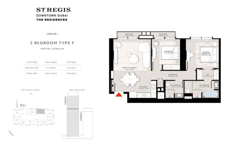 St. Regis Tower 1 – 2 Bedroom Apartment Type F Floor Plans