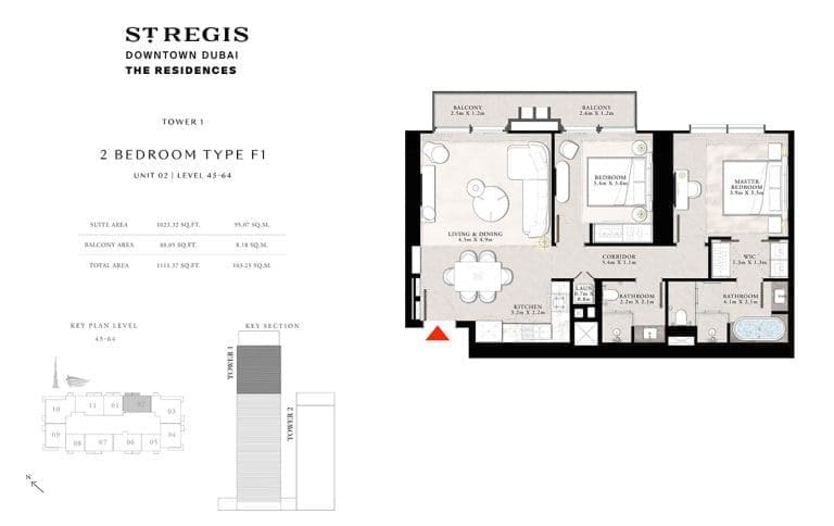 St. Regis Tower 1 – 2 Bedroom Apartment Type F1 Floor Plans