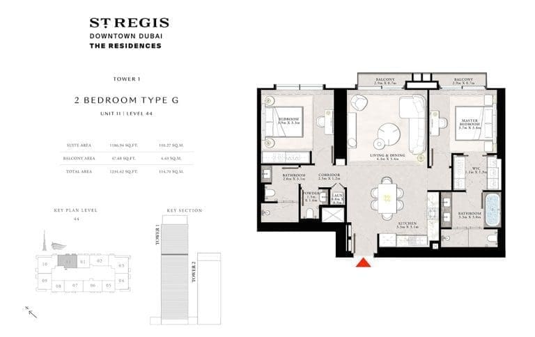 St. Regis Tower 1 – 2 Bedroom Apartment Type G Floor Plans