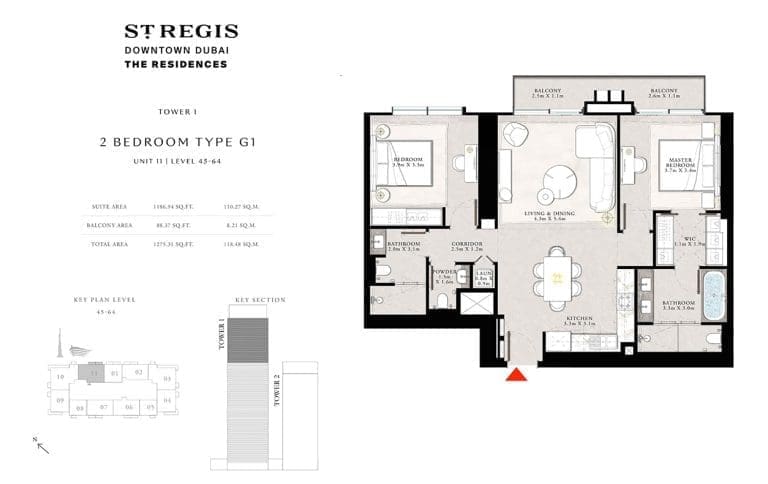 St. Regis Tower 1 – 2 Bedroom Apartment Type G1 Floor Plans