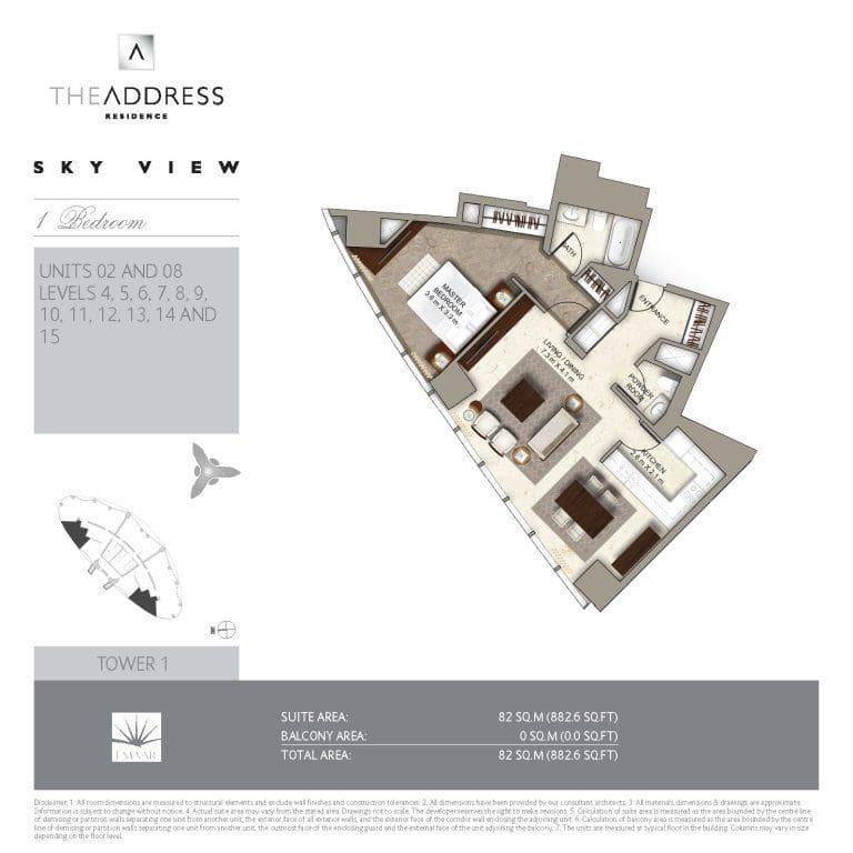 Address Sky View Tower 1 – 1 Bedroom Apartment Floor Plans