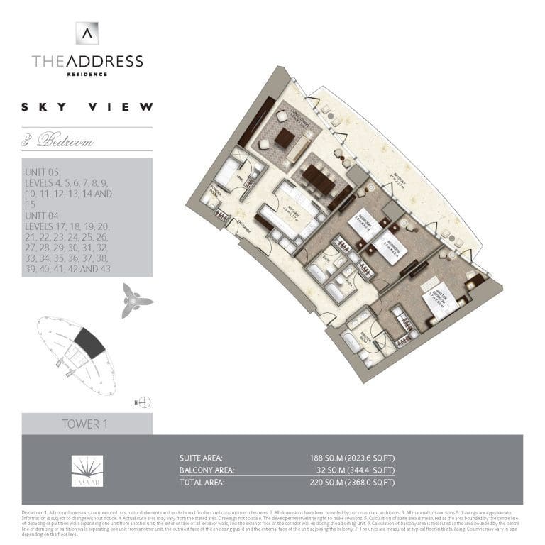 Address Sky View Tower 1 – 3 Bedroom Apartment Unit 05 Floor Plans