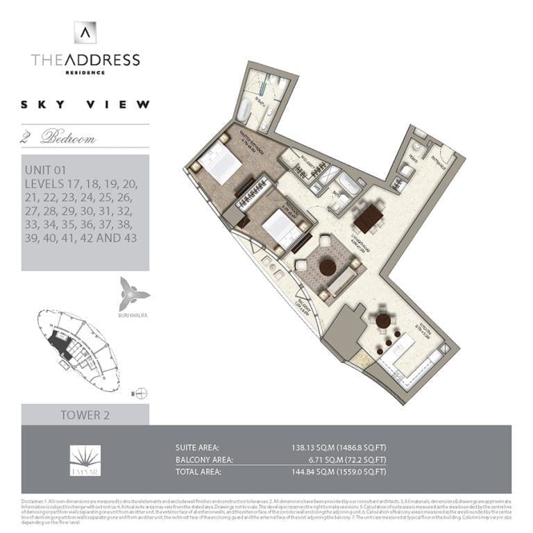 Address Sky View Tower 2 – 2 Bedroom Apartment Unit 01 Floor Plans