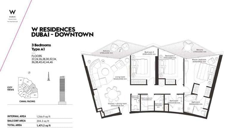 W Residences 3 Bedroom Apartment Type A1 Floor Plans
