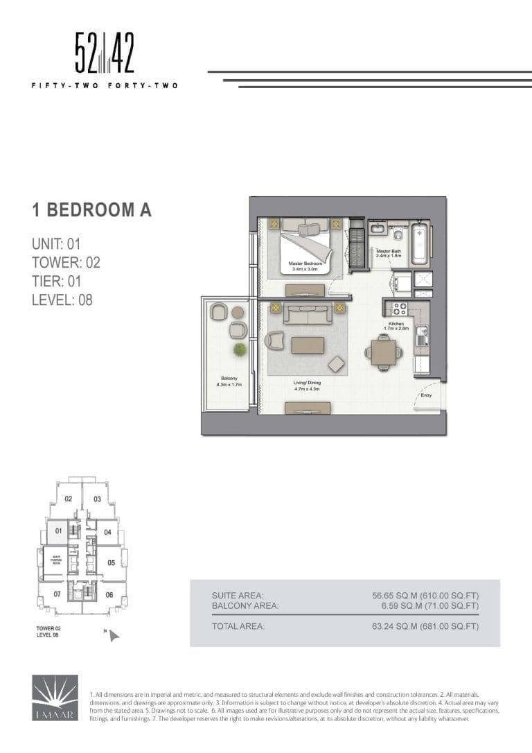 52-42 Tower 2 – 1 Bedroom Apartment Type A Level 08 Unit 01 Floor Plans