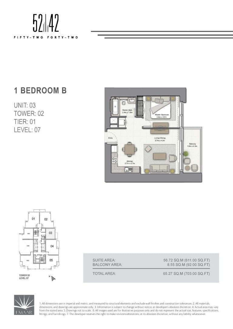 52-42 Tower 2 – 1 Bedroom Apartment Type B Unit 03 Floor Plans