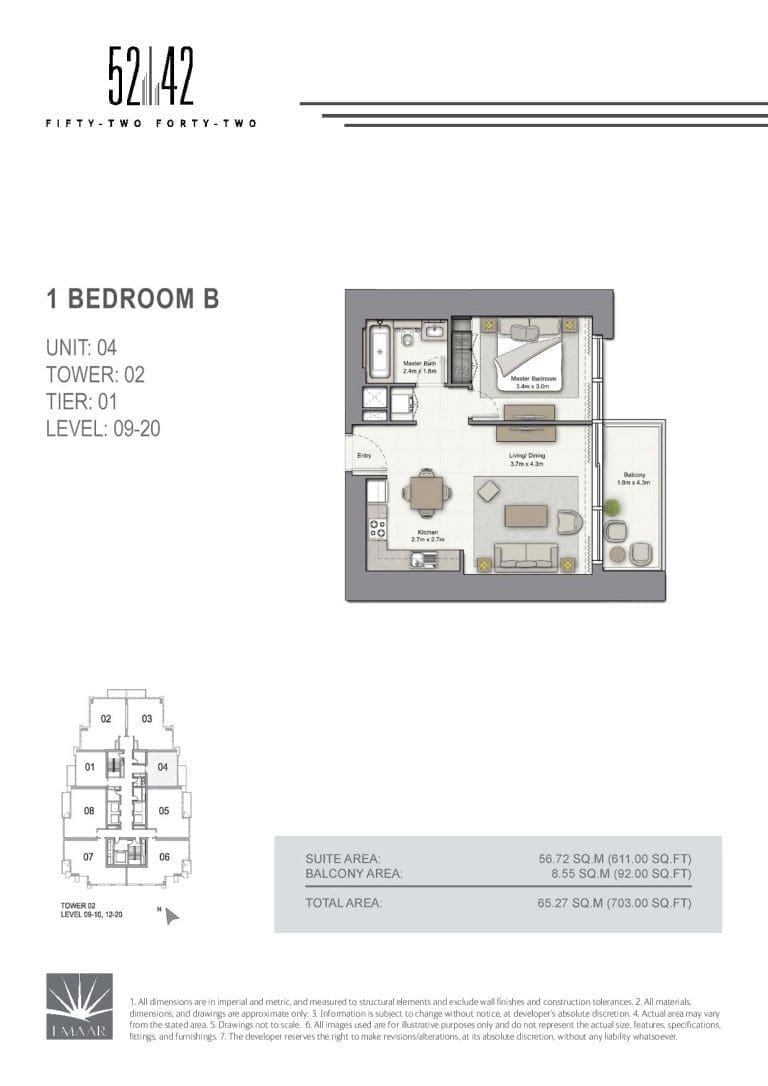 52-42 Tower 2 – 1 Bedroom Apartment Type B Unit 04 Level 9-20 Floor Plans