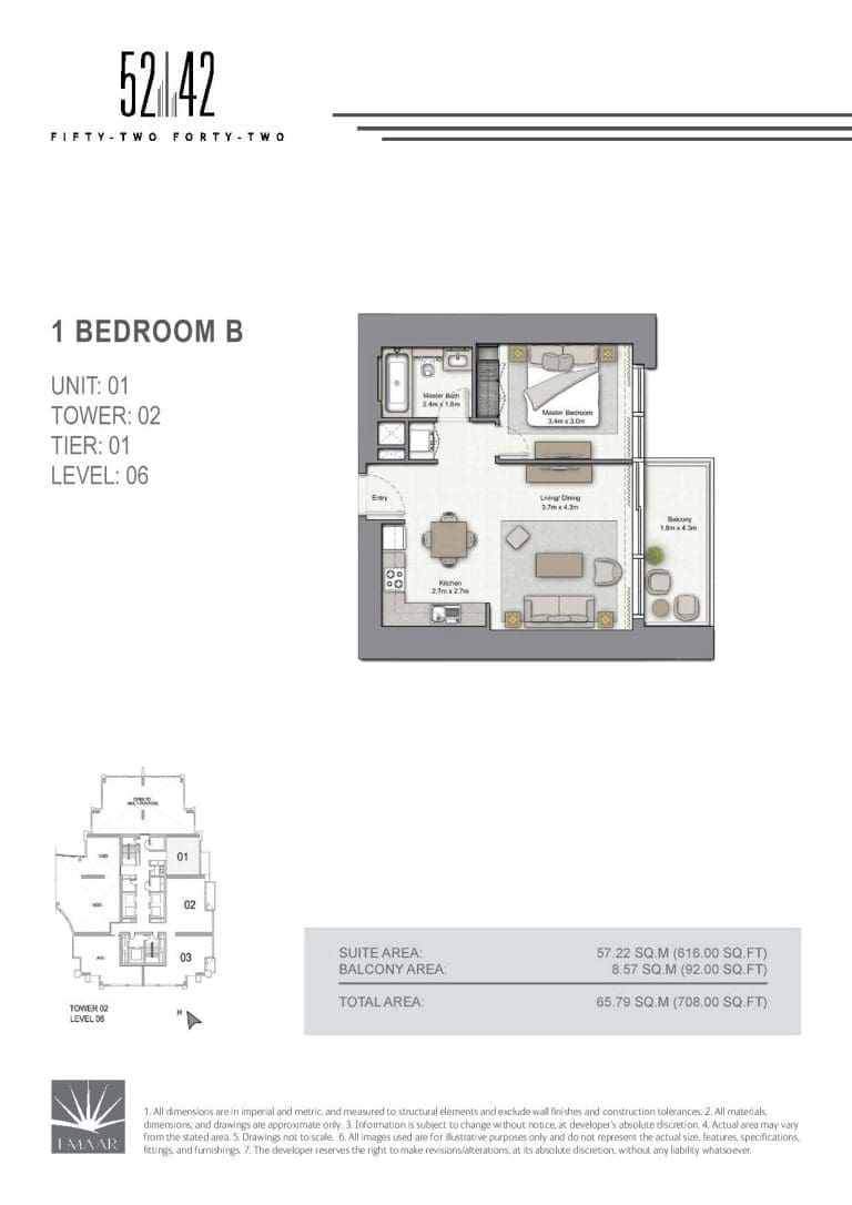 52-42 Tower 2 – 1 Bedroom Apartment Type B Unit 01 Floor Plans