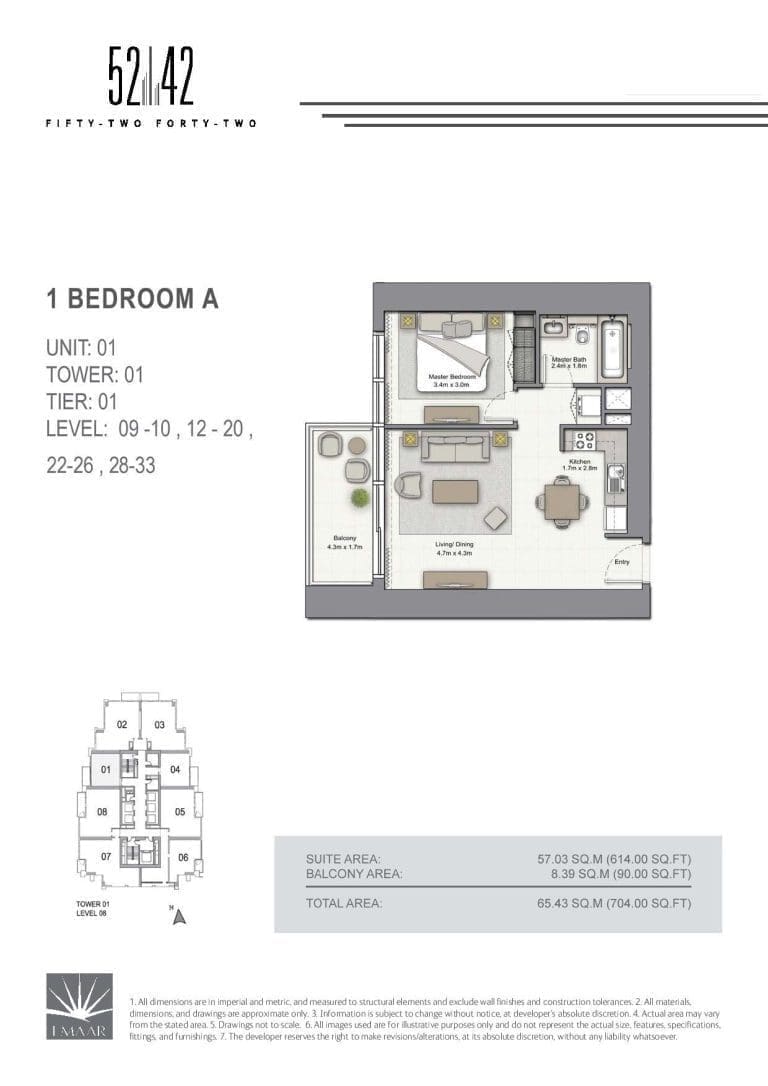 52-42 Tower 1 – 1 Bedroom Apartment Type A Unit 01 Floor Plans