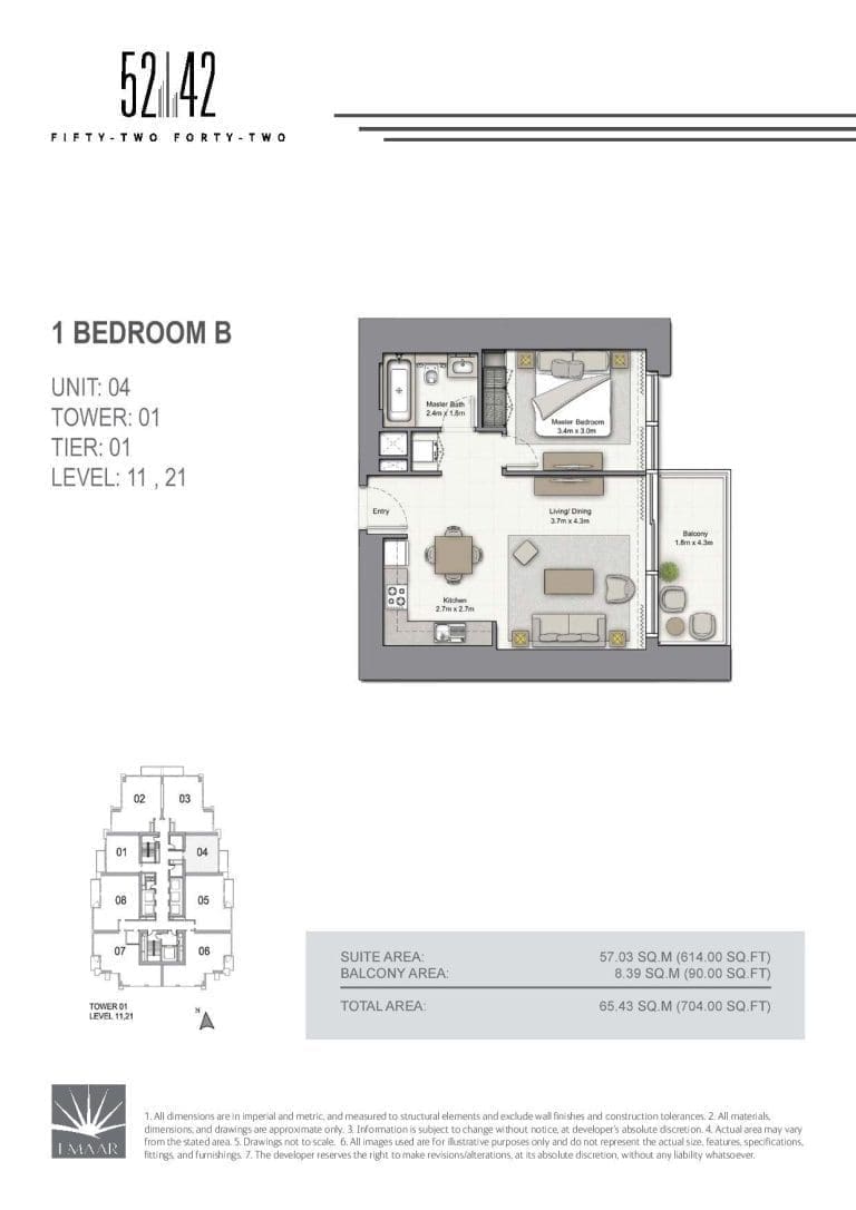52-42 Tower 1 – 1 Bedroom Apartment Type B Unit 04 Floor Plans