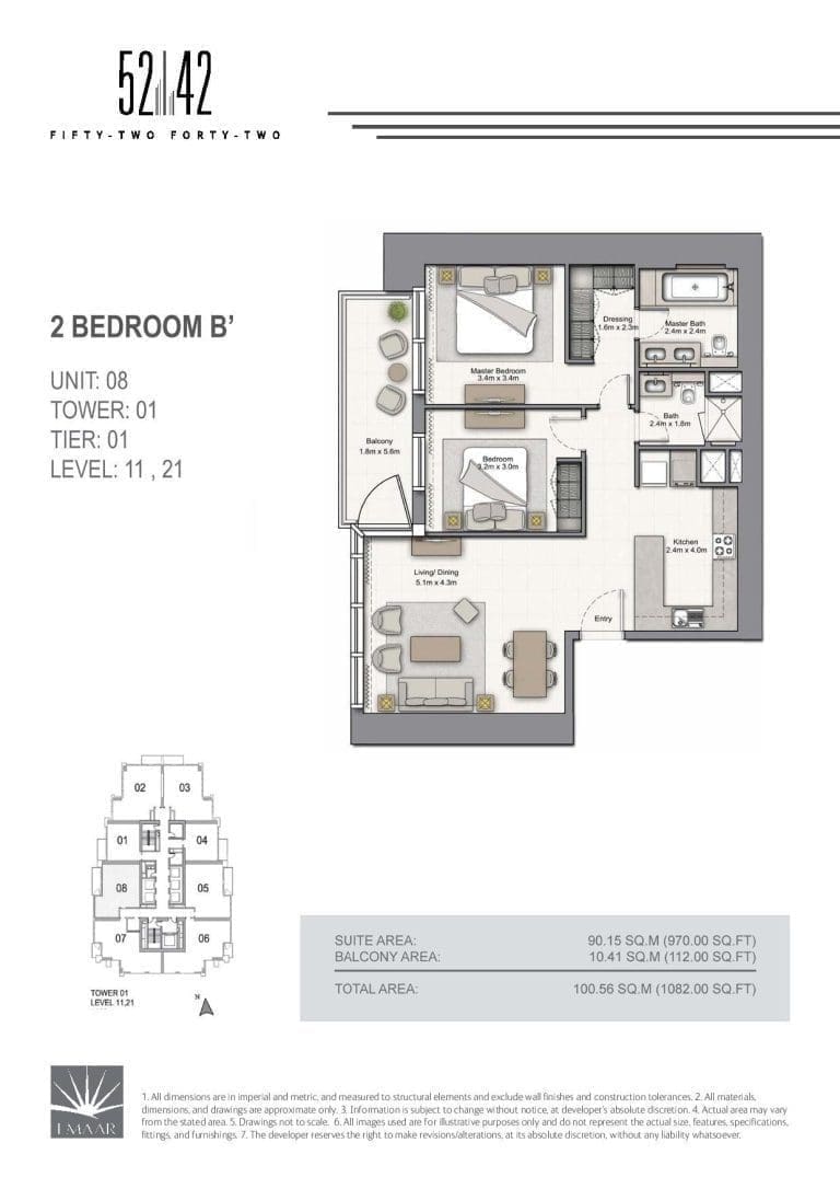 52-42 Tower 1 – 2 Bedroom Apartment Type B Unit 08 Level 11-21 Floor Plans
