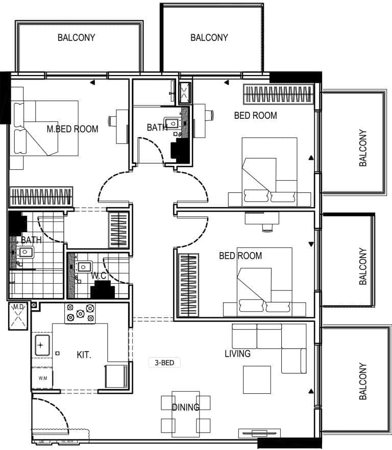 Binghatti Emerald 3 Bedroom Apartment Floor Plans
