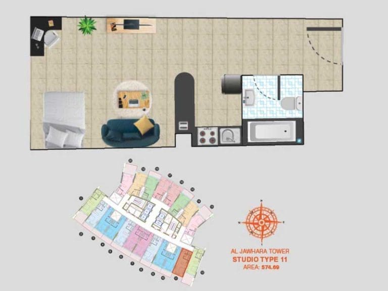 Al Jawhara Tower Studio Apartment Type 11 Floor Plans