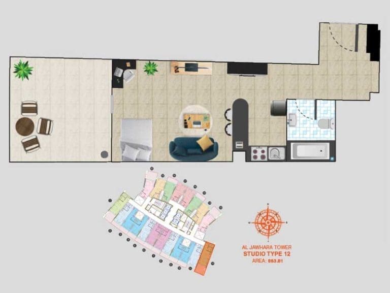 Al Jawhara Tower Studio Apartment Type 12 Floor Plans