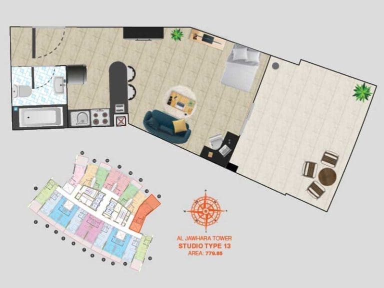 Al Jawhara Tower Studio Apartment Type 13 Floor Plans